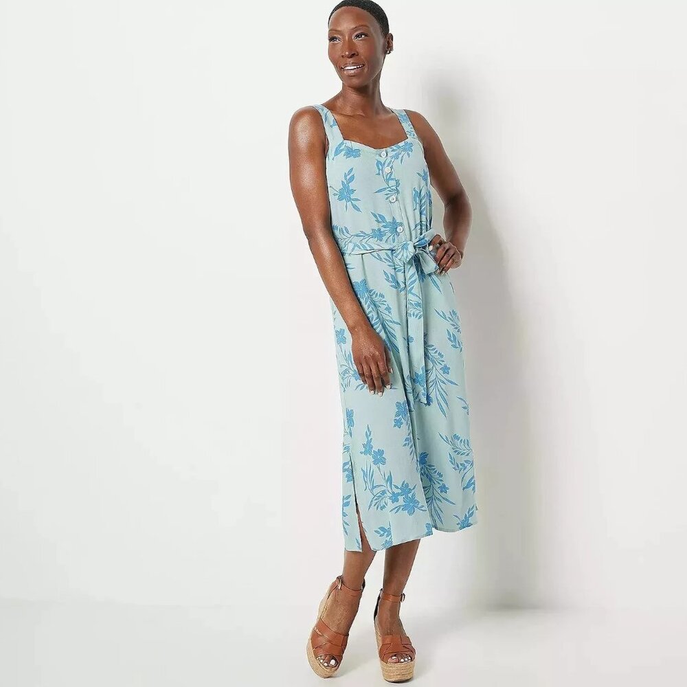 Candace Cameron Bure Women's Printed Midi Dress w/ Belt Large L Blue A480586